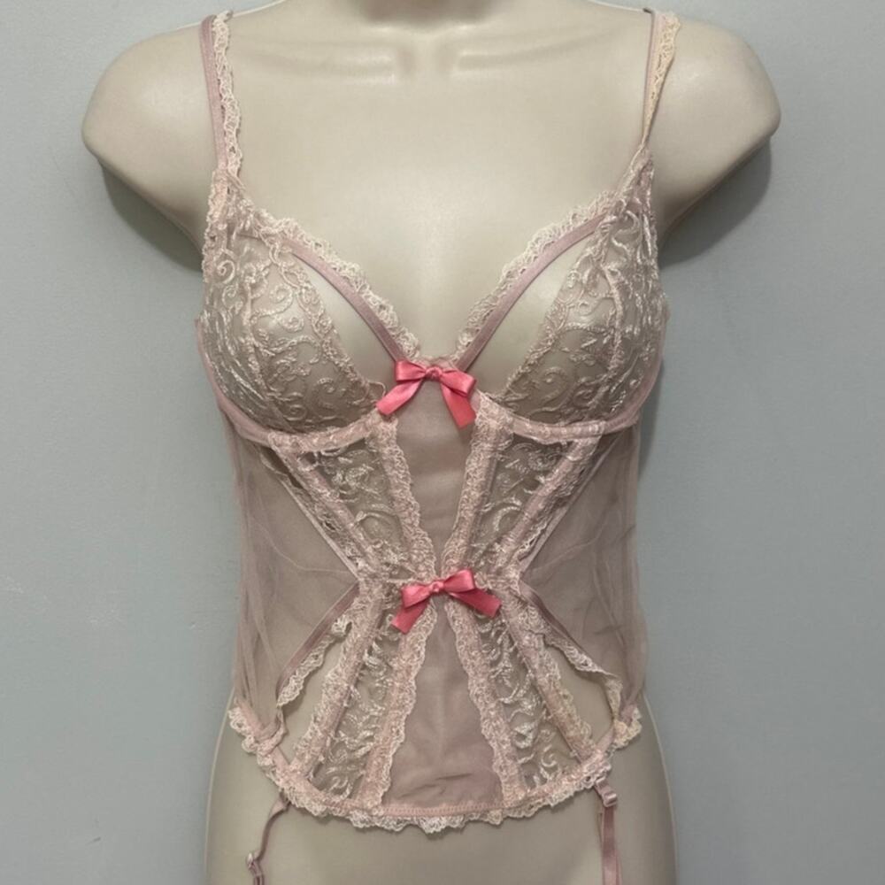 Victorias Secret Bustier Womens 34C Pink Lace Corset Bows Garter Dainty Coquette